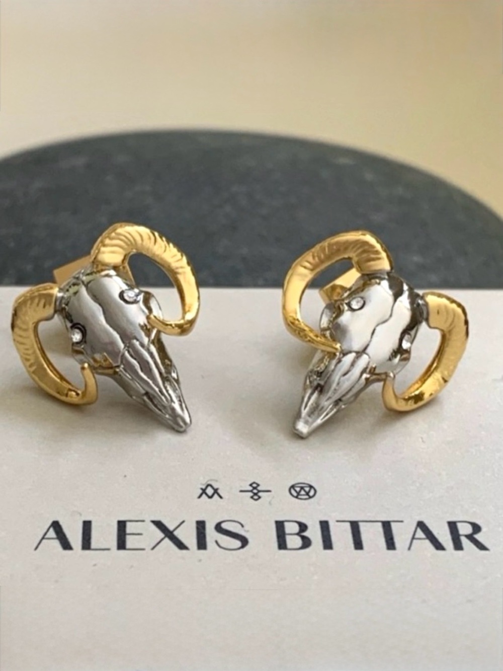 NEW Alexis Bittar Ram Head Stud Earrings Two Tone C Z AU28